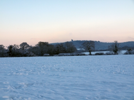Snow in Charlton Musgrove, view to King Alfred's Tower